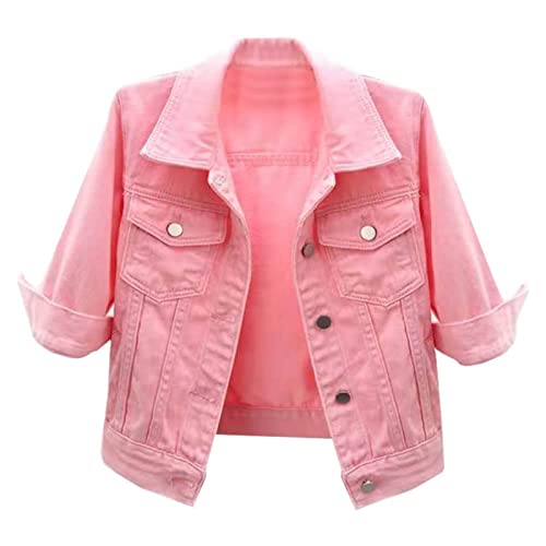 Sawmew Damen 3/4 Ärmel Jeansjacke Reverskragen Kurz Lässig Denim Jacket mit Knöpfen Stretch Jacke Sommer Frühling Mantel Coat Outwear (Color : Pink, Size : L) von Sawmew