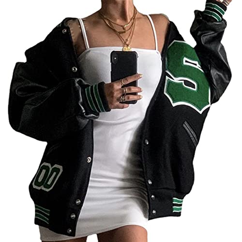 Sawmew Damen College Jacke Baseball Sportjacke Sweatjacke Unisex Patchwork Old School Varsity Jacket Vintage Hip Hop Streetwear Oversized Mantel (Color : Black A, Size : S) von Sawmew