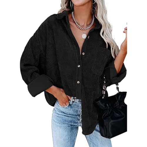 Sawmew Damen Cordhemd Lässiger Bluse Revers Langen Ärmeln Cordbluse Geknöpfte Cardigan Tops Langarmshirt Lockere Cordjacke Blusetops Hemdbluse (Color : Black, Size : S) von Sawmew