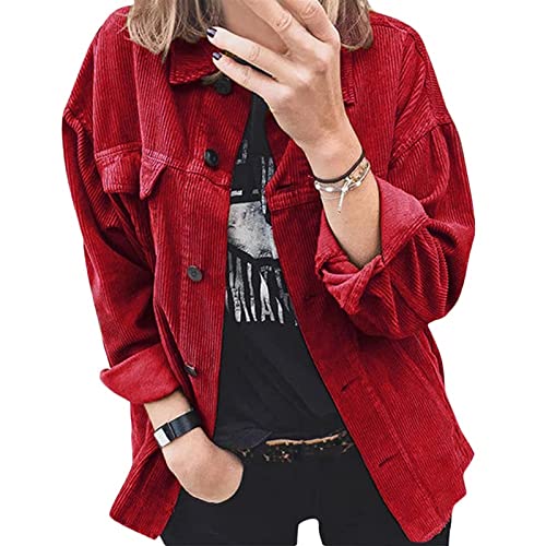 Sawmew Damen Cordhemd Lässiger Bluse Revers Langen Ärmeln Cordbluse Geknöpfte Cardigan Tops Langarmshirt Lockere Cordjacke Blusetops Hemdbluse (Color : Red, Size : S) von Sawmew