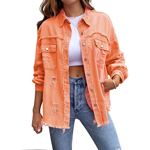 Sawmew Damen Farbe Revers Retro Knopfleiste Zerrissen Jeanshemd Stil Jeansjacke Mäntel (Color : Orange, Size : M) von Sawmew