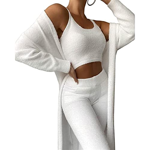 Sawmew Damen Hausanzug Kuschelig Kuschelanzug, Kuschelig Trainingsanzug Damen Set Flauschig Jogginganzug Langarm Freizeitanzug Elegant Schlafanzug, Freizeitanzug Warm Sportanzug (Color : White, Size von Sawmew