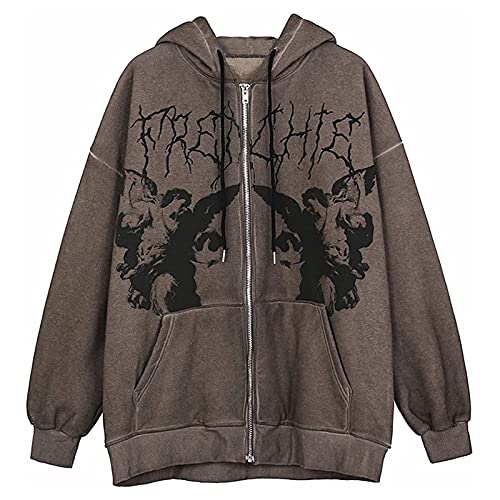 Sawmew Damen Hoodie Angel Print Zipper Jacke Langarm Warmer Mantel mit Taschen Top Loose Sweatshirt für Herbst Winter (Color : Brown, Size : S) von Sawmew