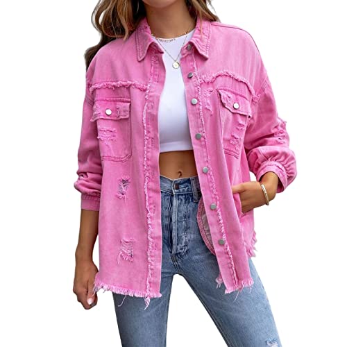 Sawmew Damen Jeansjacke Cord Oversized Boyfriend Buttons Lässiger Langer Mantel Herbst Frühling (Color : Pink, Size : XL) von Sawmew