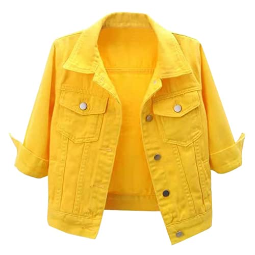 Sawmew Damen Jeansjacke Reverskragen Kurz Lässige Jeansjacke mit Knöpfen Stretchjacke Sommer Frühlingsmantel Leichte Jeansjacke Mantel Outwear (Color : Yellow, Size : M) von Sawmew