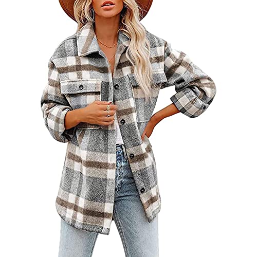 Sawmew Damen Karrierte Jacke Hemd Mantel Langarm Bluse Frauen Flanellhemd Karo Hemdbluse Knöpfen Freizeithemd Hemdjacke Kariertes Knöpfe Blusenshirt Oversize Übergangsjacke Boyfriend Jacken Oberteil von Sawmew