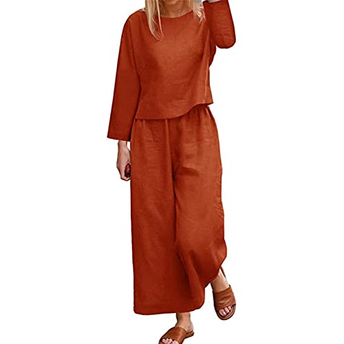 Sawmew Damen Leinen Zweiteiler Sommer Leinen Änzuge Hose und Langarmshirts Frauen 2 Teiler Anzug Casual Hosenanzug Leinenbluse Lockere Leinenhose (Color : Orange, Size : S) von Sawmew