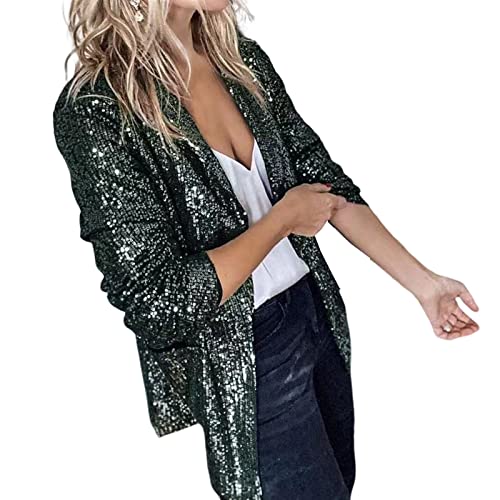 Sawmew Damen Pailletten Jacke Casual Langarm Glitzer Blazer Bomberjacke Festlich Party Club Kurze Jacke Glänzend Langarm Glitzer Jackett Frauen Glitzer Oberteile Blazer (Color : Green, Size : XXL) von Sawmew