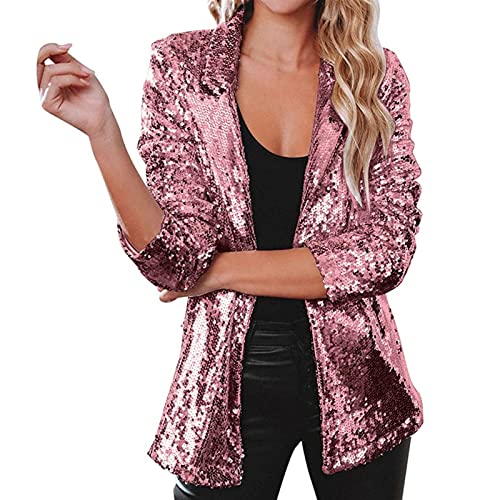 Sawmew Damen Pailletten Jacke Casual Langarm Glitzer Blazer Bomberjacke Festlich Party Club Kurze Jacke Glänzend Langarm Glitzer Jackett Frauen Glitzer Oberteile Blazer (Color : Pink, Size : M) von Sawmew