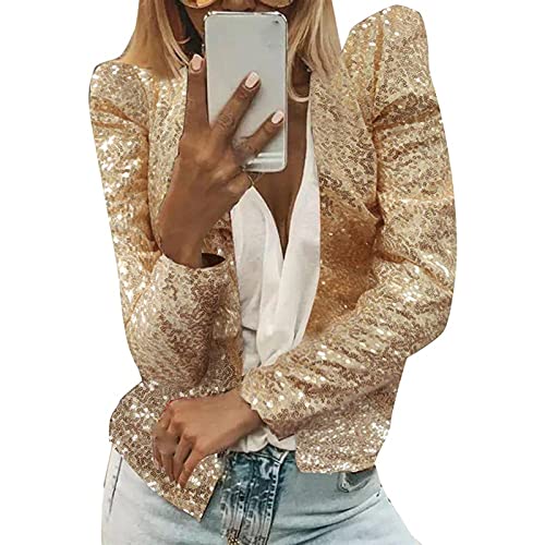 Sawmew Damen Pailletten Langarm Lang Blazer Jacke Open Front Glitzer Jackett Lang Oberteile Eleganter Party Outfits Oberbekleidung Mantel (Color : Gold, Size : S) von Sawmew