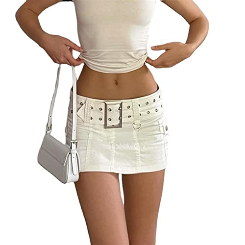 Sawmew Damen Sexy Short Denim Röcke Y2K Bodycon Minirock mit Niedriger Taille Und Taschen Ästhetischer Vintage Jeansrock (Color : White, Size : S) von Sawmew