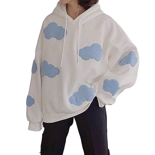 Sawmew Damen Teenager Mädchen Kawaii Wolken Hoodie Pullover mit Kapuze Kapuzenpullover Sweatshirt Langarmshirt Oberteile Top ohne Taschen (Color : White, Size : XL) von Sawmew