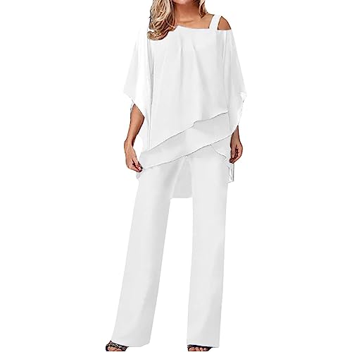 Sawmew Damen Tüll Abendanzug Sets Zweiteiler Chiffon Shirt und Hohe Taille Hosenanzug Elegant Vintage 2-Teiliges Set Outfit Cocktail Party Festlich Hosenanzug (Color : White, Size : 3XL) von Sawmew