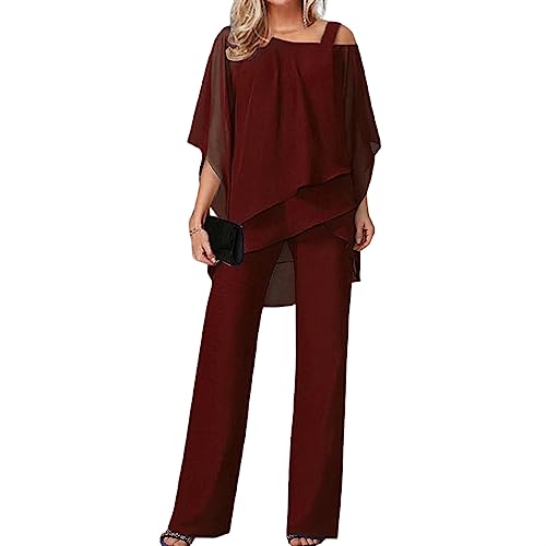 Sawmew Damen Tüll Abendanzug Sets Zweiteiler Chiffon Shirt und Hohe Taille Hosenanzug Elegant Vintage 2-Teiliges Set Outfit Cocktail Party Festlich Hosenanzug (Color : Wine red, Size : L) von Sawmew