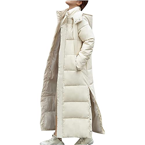 Sawmew Damen Winter Daunenmantel Lange Winterjacke mit Kapuze Winddichte Steppjacke Langarm Wintermantel Elegant Reißverschluss Steppmantel Mode Warme Lässige Winter Outdoor Jacke (Color : Beige, SI von Sawmew