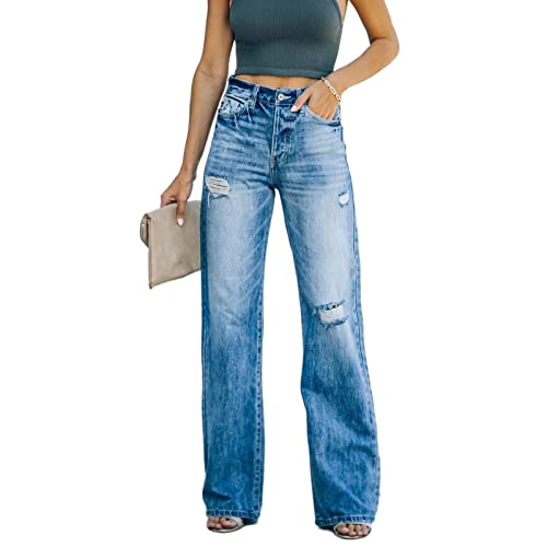 Sawmew Damen zerrissene Jeans Baggy Straight Lässige Hose mit hoher Taille Chic Fashion Vintage Atmungsaktive Hose Casual Denim Elastic Plus Size Slouchy Bootcut Classic Pants (Color : Blue, Size : von Sawmew