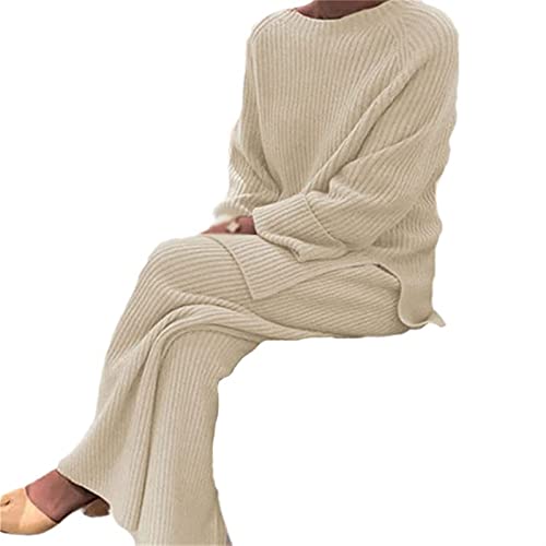 Sawmew Frauen 2-teiliges Pullover-Set, Gestrickter Winterpullover, Gestricktes Oberteil, Warmes Sweatshirt, Sportpullover Weites Bein, Hose Winter Set, Sportbekleidung (Color : Apricot, Size : M) von Sawmew