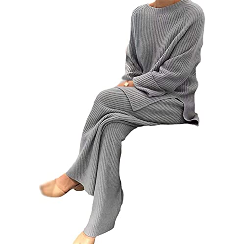 Sawmew Frauen 2-teiliges Pullover-Set, Gestrickter Winterpullover, Gestricktes Oberteil, Warmes Sweatshirt, Sportpullover Weites Bein, Hose Winter Set, Sportbekleidung (Color : Grey, Size : 3XL) von Sawmew