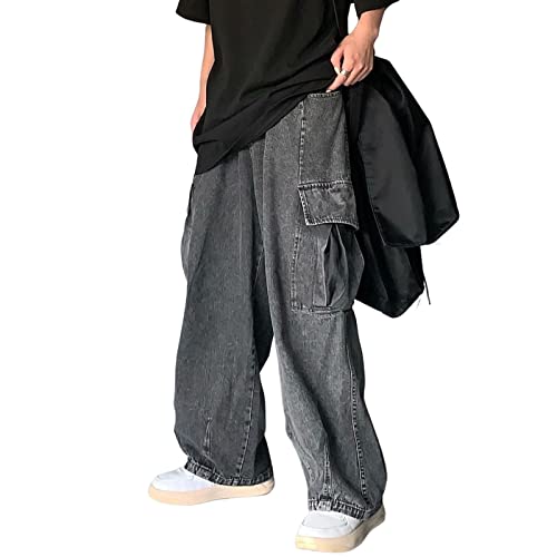 Sawmew Herren Baggy Jeans Y2K Hip Hop Jeans Lockere Passform 90er Jahre Vintage Cargohose Baggy Fit Jeanshose Fashion Dance Skater Skateboard Hose Röhrenjeans (Color : Black, Size : S) von Sawmew