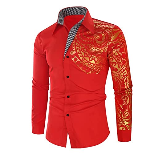 Sawmew Herren Blumen Hemd Langarm Personalisiertes Bedrucktes Hemd Herren Herbst Slim Langarm Gold Schwarz Hemd Herren Social Herren Herren Club Prom Shirt (Color : Red, Size : 3XL) von Sawmew