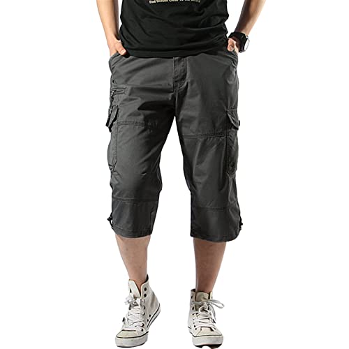 Sawmew Herren Cargo Shorts Baumwolle Bermuda Cropped Hose Lässig Multi Taschen Freizeit 3/4 Shorts Sommer Herren Sport Shorts Kurze Hose (Color : Dark Gray, Size : XL) von Sawmew