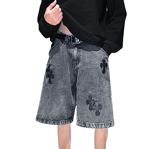 Sawmew Herren Casual Denim Shorts Loose Fit Baggy Jean Kurze Sommer Ripped Kurze Hosen mit Taschen Y2K Baggy Jean Shorts Harajuku Streetwear (Color : Black, Size : M) von Sawmew