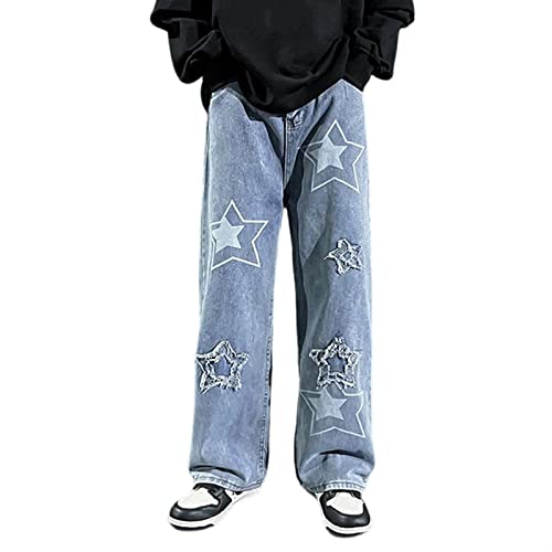 Sawmew Herren Hip Hop Jeans Baggy Straight Leg Gewaschen Jeanshose Casual Denim Hosen Vintage Bedruckte Jeans Teenager Jungen Skateboard Hose Streetwear (Color : Blue, Size : M) von Sawmew