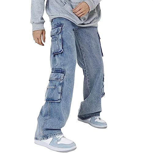 Sawmew Herren Jeans mit Y2K Motiv Streetwear Mode Baggy Jeans mit Gerader Passform und Weitem Bein, Lässige Denim Hose (Color : Blue, Size : S) von Sawmew