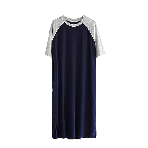 Sawmew Herren Nachthemd Kurzarm Modal Einteiliger Schlafanzug Luftig Lang Nachtwäsche Shirt Praktisch Sleepshirt (Color : Dark Blue, Size : L) von Sawmew