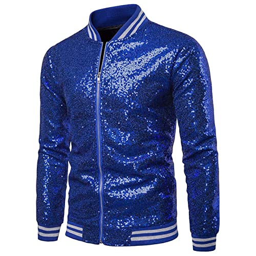 Sawmew Herren-Pailletten-Varsity-Jacke Weihnachtsfeier Disco-Blazer Zauberer-Kostüm Shiny Sparkly Glitter Bomber Jacket (Color : Blue, Size : XXL) von Sawmew
