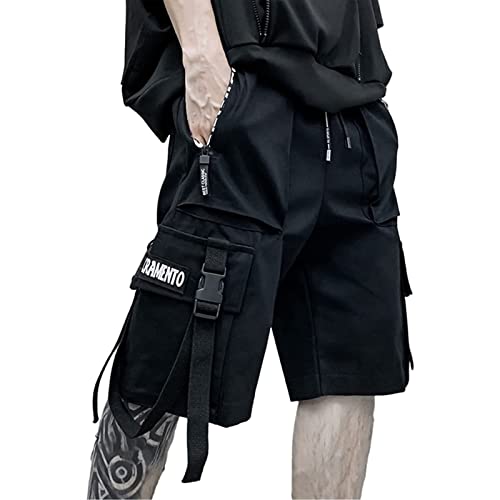 Sawmew Hip Hop Taschen Bänder Cargo Shorts Herren Streetwear Jogger Shorts Sommer Übergroße Techwear Kurze Hose (Color : Black, Size : L) von Sawmew