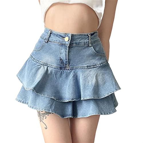 Sawmew Jeans Rock Für Damen Mini Frauen Mädchen Used-Look-Denim-Minirock Hoch Tailliert Dehnbaren Skater Mini Rock Mit Shorts Swing Röcke Sommerrock Kurz Röcke Skirts Beiläufig Y2K Faltenrock von Sawmew