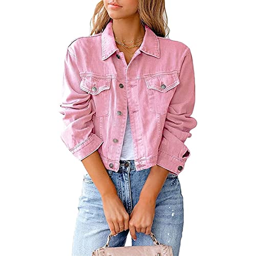 Sawmew Jeansjacke Damen Kurz, Damen ÜBergangsjacke FrüHling, Jeans Jacket Sommer Jeansjacken für Frauen Oversize-Denim Jacket Damen Oversize Lang Stretch Jacket (Color : Pink, Size : 3XL) von Sawmew