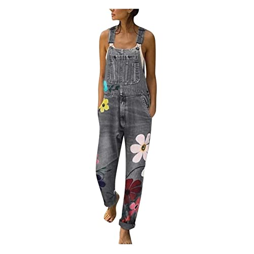 Sawmew Jeanslatzhose Damen Latzhose Jeans Hose Vintage Loose fit Jumpsuit Overall Blumen Denim Playsuit Romper (Color : Grey, Size : 4XL) von Sawmew