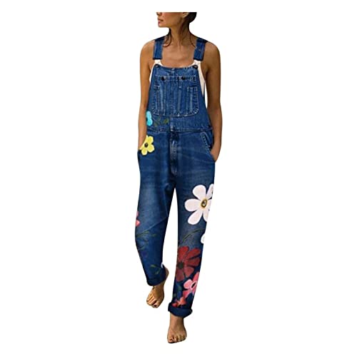 Sawmew Jeanslatzhose Damen Latzhose Jeans Hose Vintage Loose fit Jumpsuit Overall Blumen Denim Playsuit Romper (Color : Navy Blue, Size : S) von Sawmew