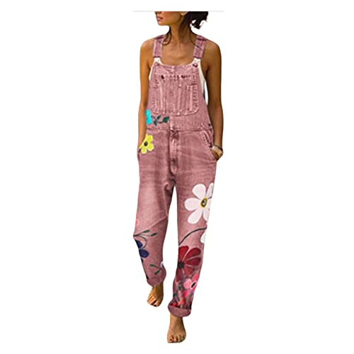 Sawmew Jeanslatzhose Damen Latzhose Jeans Hose Vintage Loose fit Jumpsuit Overall Blumen Denim Playsuit Romper (Color : Pink, Size : 3XL) von Sawmew
