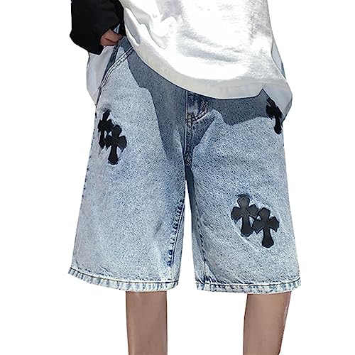 Sawmew Jeansshorts mit Weitem Bein für Herren und Damen, Lange Jeansshorts Knielang Y2K Baggy Harajuku Streetwear (Color : Blue, Size : S) von Sawmew