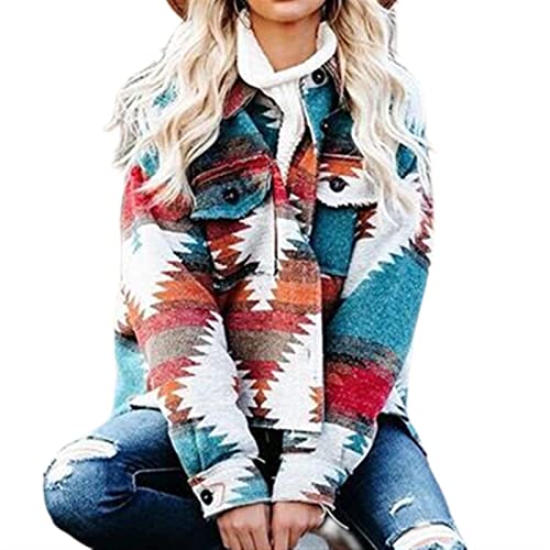 Sawmew Kausale Button Down Langarm Jeansjacke mit Aztekenmuster für Damen Shacket (Color : Orange, Size : L) von Sawmew