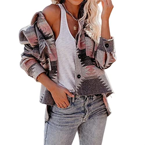 Sawmew Kausale Button Down Langarm Jeansjacke mit Aztekenmuster für Damen Shacket (Color : Pink, Size : L) von Sawmew