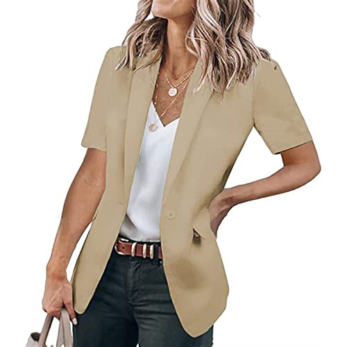 Sawmew Kurze Blazer Jacken für Damen, Lässig, Einfarbig, Kurzärmlig, Vorne Offen, Büro-Blazer mit Taschen (Color : Khaki, Size : XXL) von Sawmew