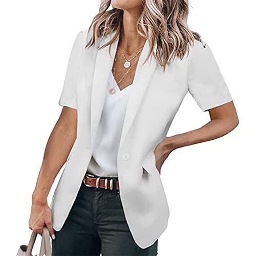 Sawmew Kurze Blazer Jacken für Damen, Lässig, Einfarbig, Kurzärmlig, Vorne Offen, Büro-Blazer mit Taschen (Color : White, Size : M) von Sawmew