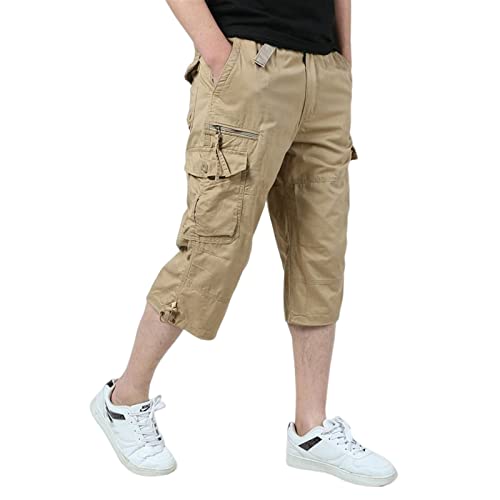 Sawmew Lange Cargo-Shorts für Herren, 3/4-elastische Unterknie-Shorts, mehrere Taschen, leichte, Kurze Hose, entspannte Passform (Color : Khaki, Size : L) von Sawmew