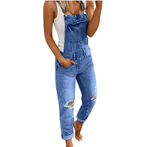 Sawmew Latzhose Damen Lässig Baggy Retro Overalls Lange Wide Leg Hosen Damen Jumpsuit mit Taschen und Träger Sommerhose (Color : Blue, Size : S) von Sawmew