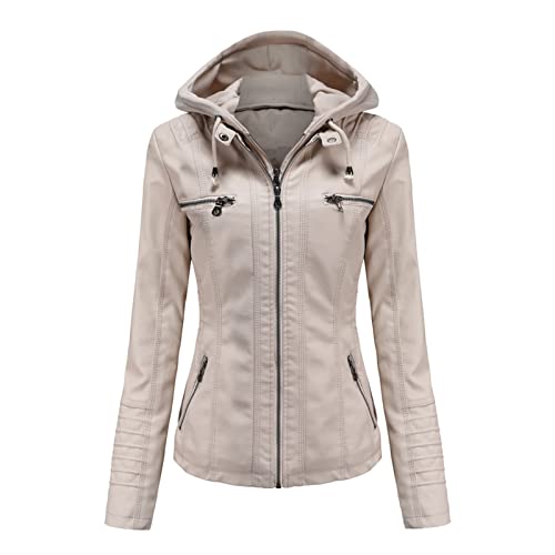 Sawmew Lederjacke Damen Herbst Winter Motorrad Jacke Bomberjacke Bikerjacke mit Reißverschluss Kapuzen Übergangsjacke Frauen Oberbekleidung (Color : Beige, Size : XL) von Sawmew