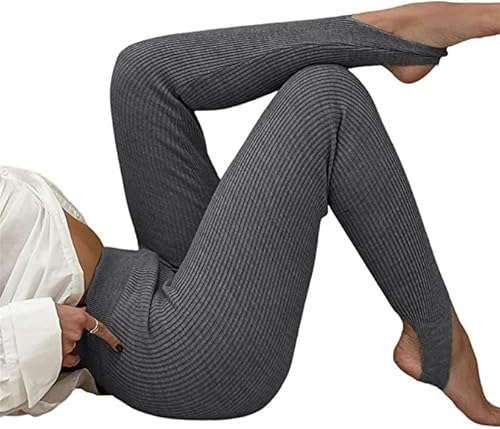 Sawmew Leggings Damen Gerippte Strickleggings Hohe Taille Fitness Basic Hose Lässige Frauen Skinny Leggings Strumpfhose Schlanke Winterhose (Color : Grey, Size : S) von Sawmew