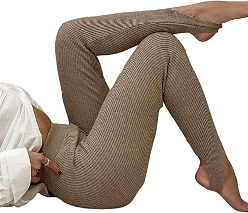 Sawmew Leggings Damen Gerippte Strickleggings Hohe Taille Fitness Basic Hose Lässige Frauen Skinny Leggings Strumpfhose Schlanke Winterhose (Color : Khaki, Size : M) von Sawmew