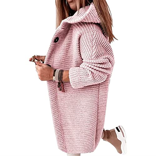 Sawmew Longstrickjacke mit Knöpfen und Kapuze, Lang Strickjacke Grobstrick Strickmantel, Frauen Sweatjacke FrüHling Sommer ÜBergangsjacke Kapuzenjacke Strickcardigan (Color : Pink, Size : S) von Sawmew