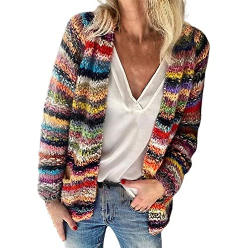 Sawmew Regenbogen-Strickjacke für Damen, Mehrfarbig, Gestreift, Gestrickt, Lässig, Langärmelig, Bunte Pullover, Strickwaren, Oberteile, Vorne Offen, Lockere Jacke, Outwear (Color : Red, Size : 3XL) Sawmew Regenbogen-Strickjacke für Damen, Mehrfarbig, Gestreift, Gestrickt, Lässig, Langärmelig, Bunte Pullover, Strickwaren, Oberteile, Vorne Offen, Lockere Jacke, Outwear (Color : Red, Size : 3XL) von Sawmew
