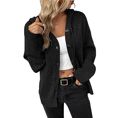 Sawmew Strickjacke Damen Grau Pulli Strick Strick Women Cardigan Jacke mit Kapuze Mantel Pulli Strickjacken (Color : Black, Size : XL) von Sawmew