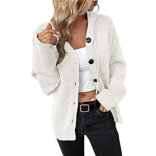 Sawmew Strickjacke Damen Grau Pulli Strick Strick Women Cardigan Jacke mit Kapuze Mantel Pulli Strickjacken (Color : White, Size : L) von Sawmew